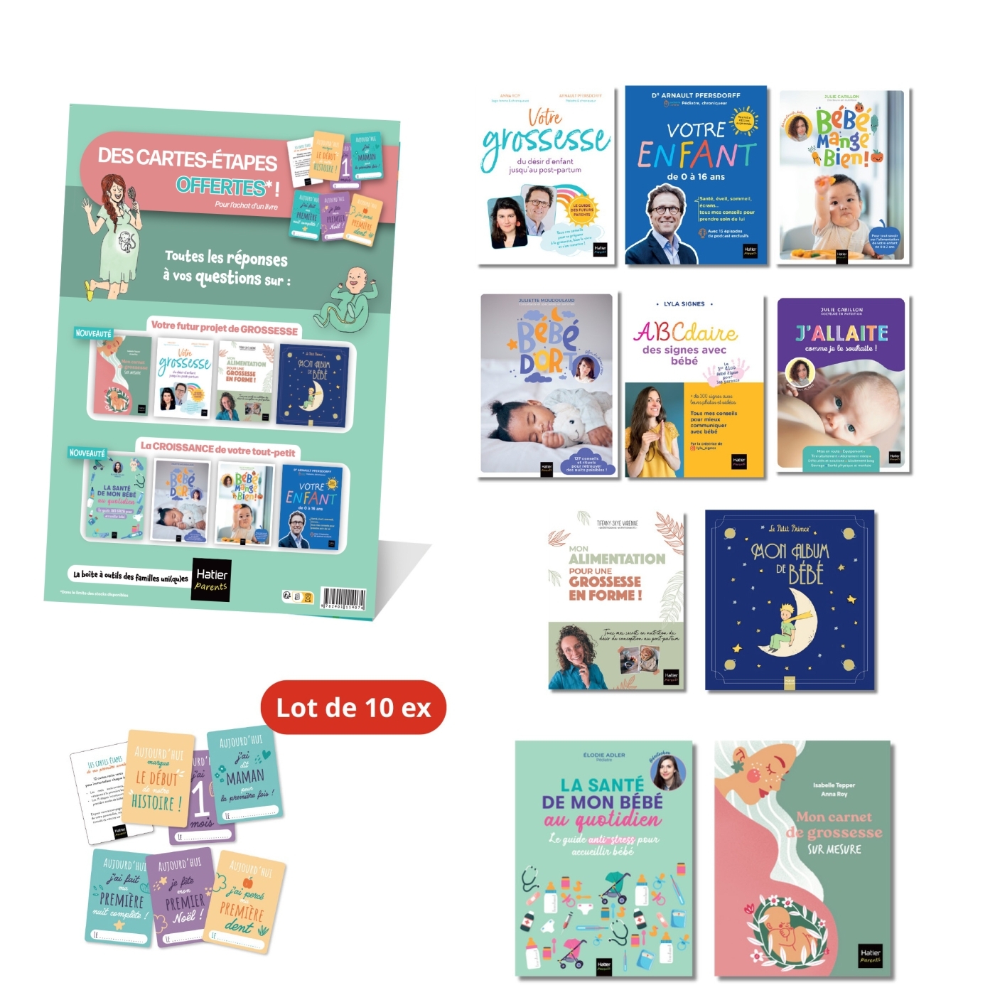 Colis vrac grossesse+dev enfant 12x, chevalet,cartes étapes