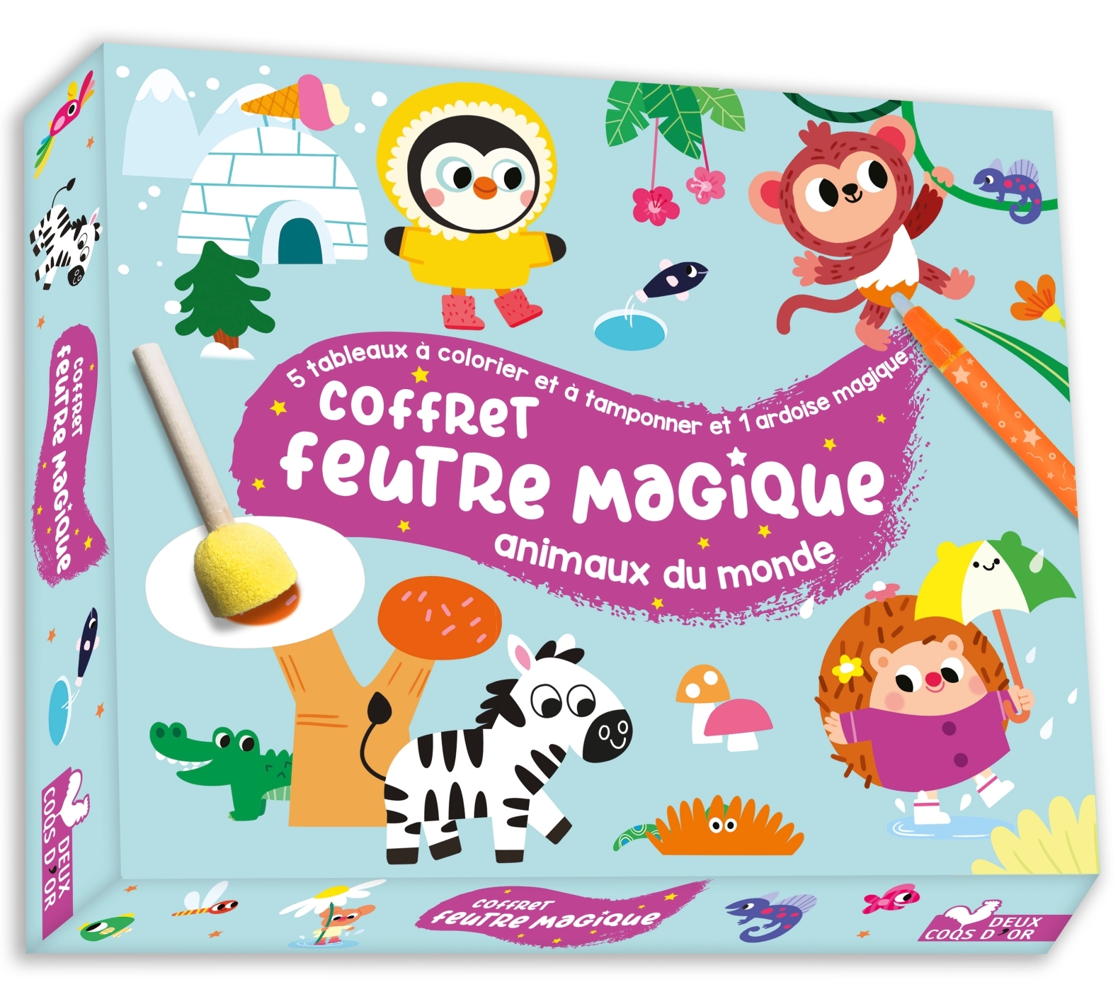 Coffret feutre magique - 5 tableaux à colorier et tamponner - coffret avec accessoires