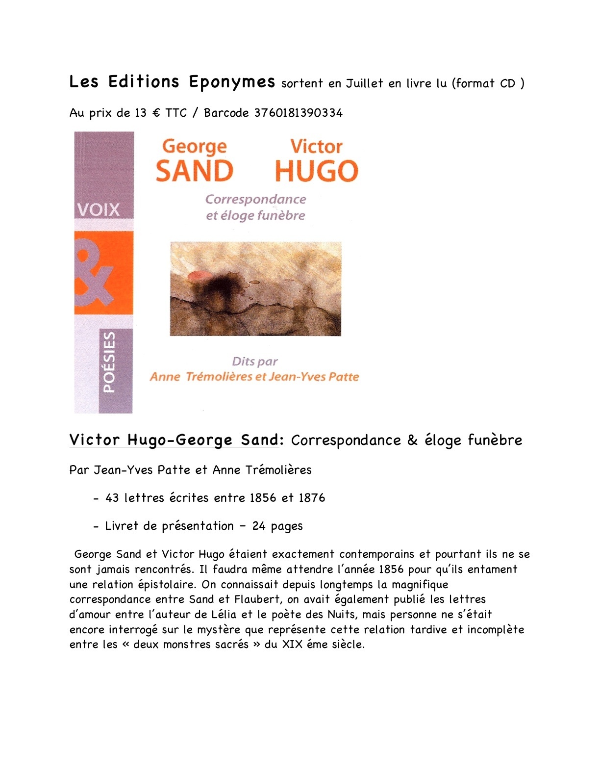 CORRESPONDANCE ET ELOGE FUNEBRE