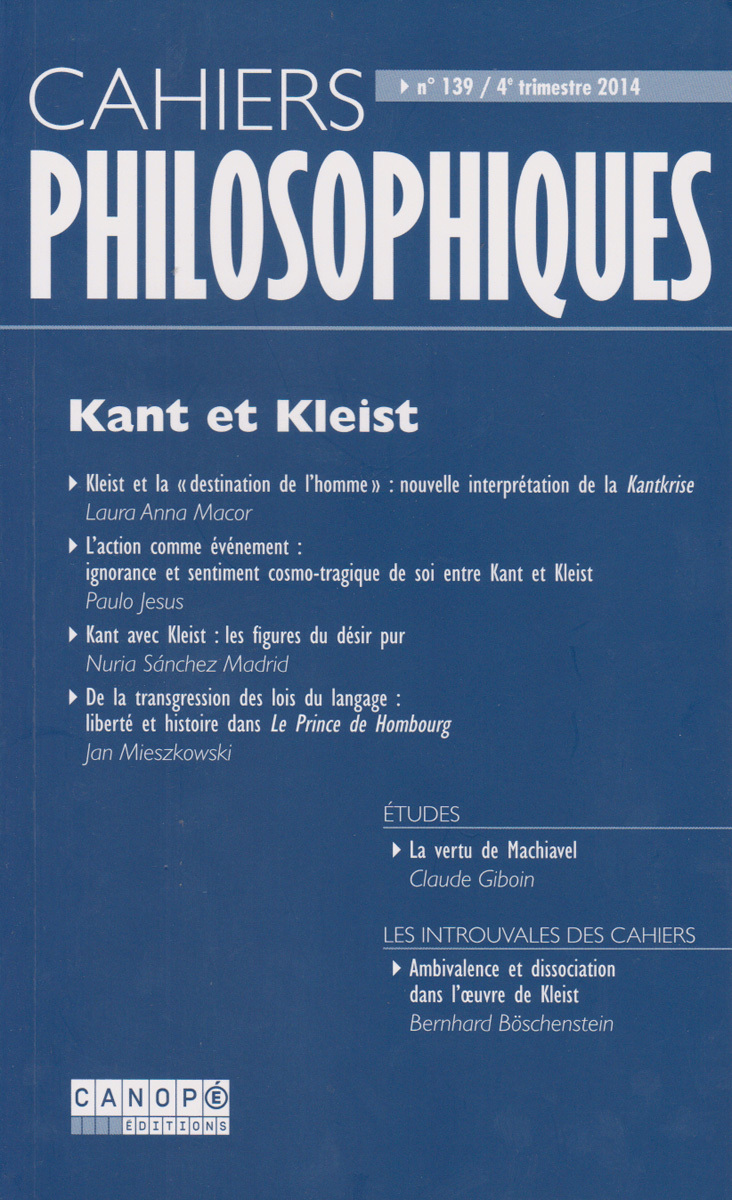 CAHIERS PHILOSOPHIQUES, N. 139 (4/2014)  KANT ET KLEIST