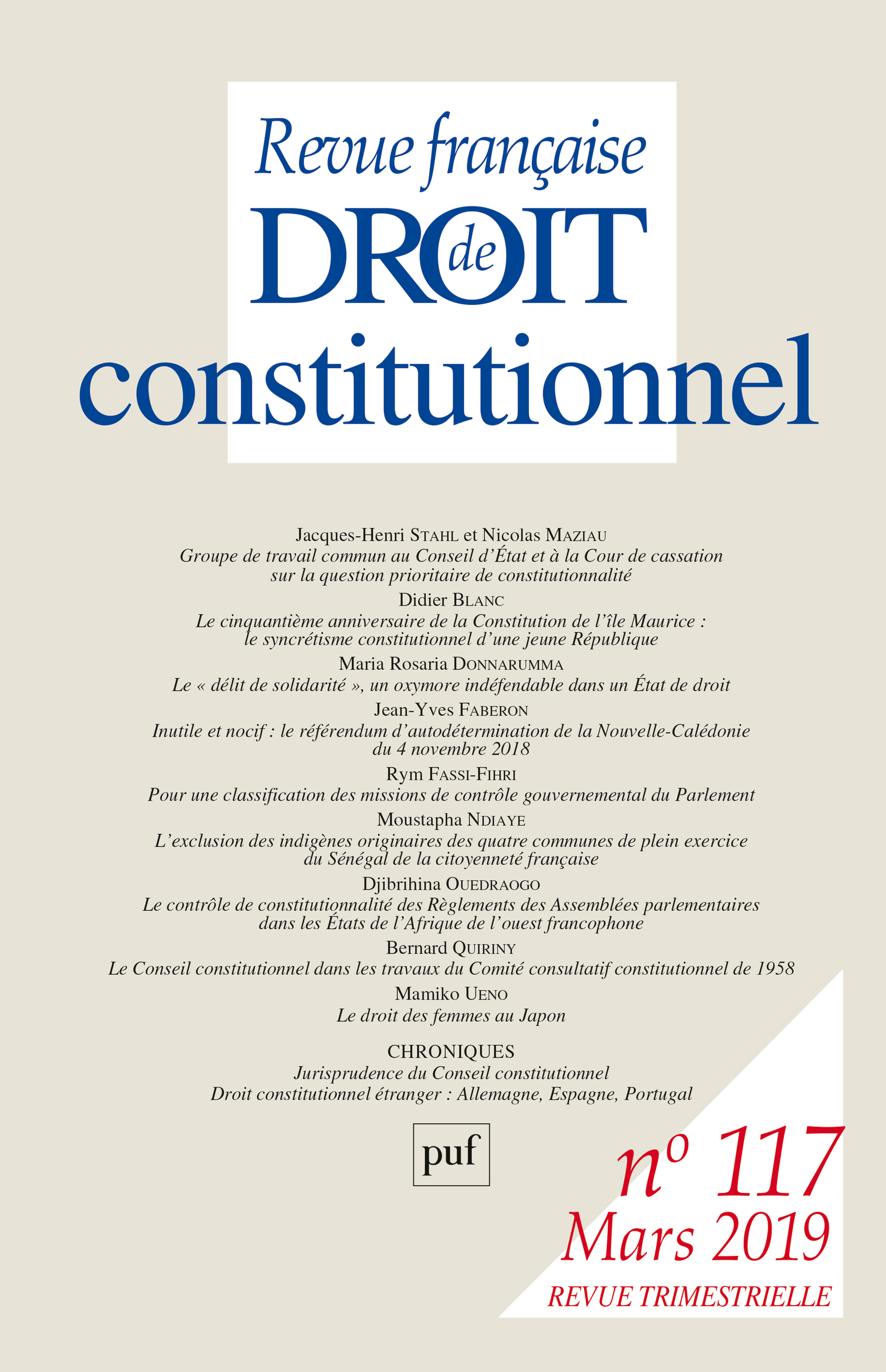 Revue française de droit constitutionnel 2019, N.117