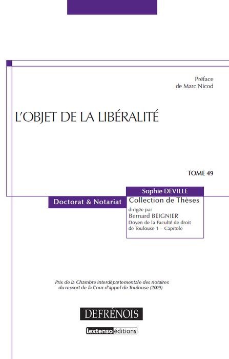 L'OBJET DE LA LIBÉRALITÉ