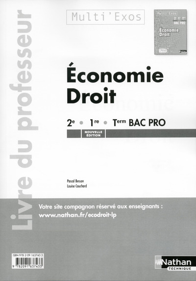 Economie - Droit 2e/1re/Tle Bac Pro Multi'Exos Livre du professeur