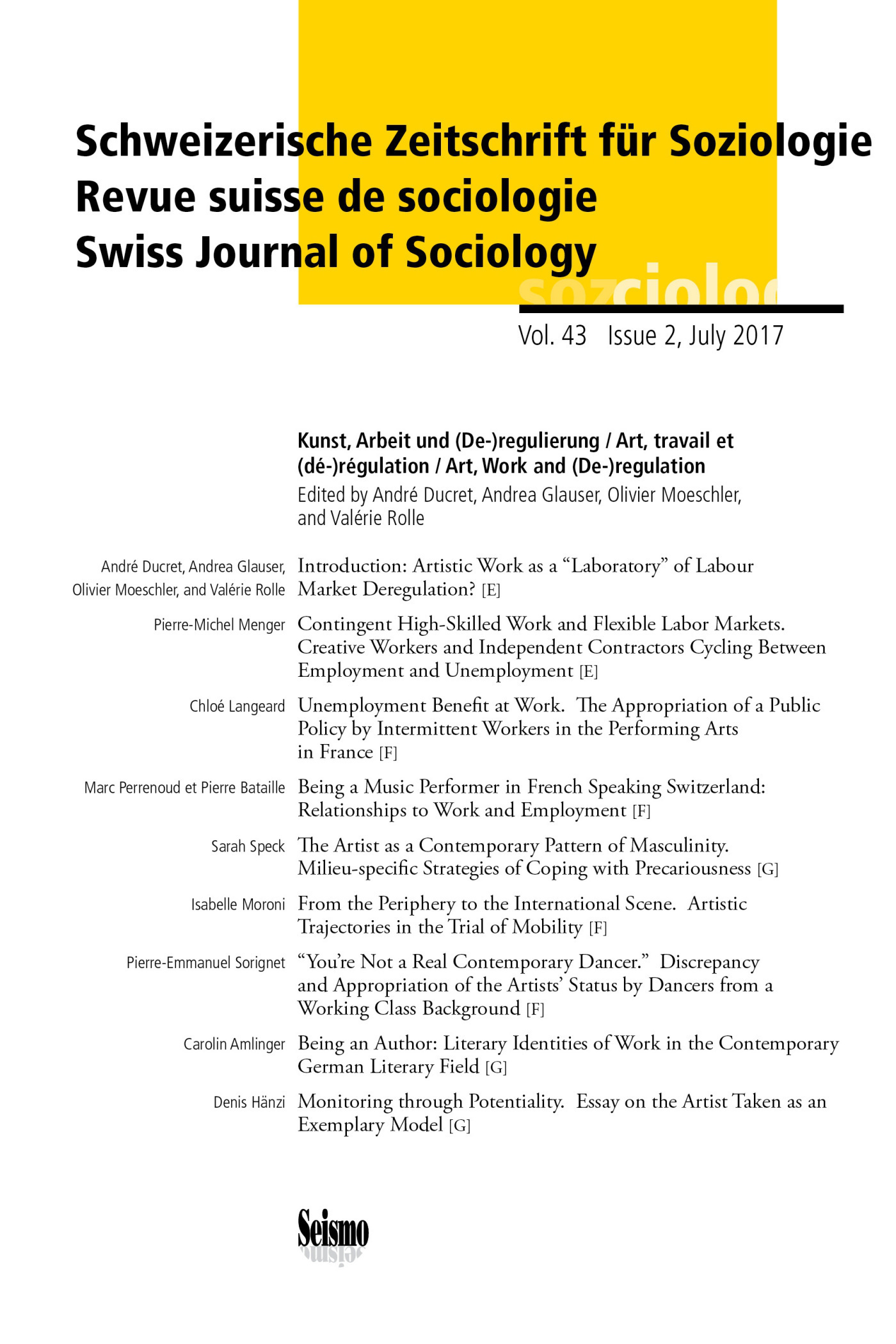 REVUE SUISSE DE SOCIOLOGIE, VOL. 43, ISSUE 2/2017. KUNST, ARBEIT UND