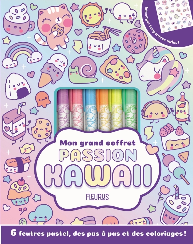 Mon grand coffret passion kawaii - Avec 6 feutres et une planche de tatouages éphémères