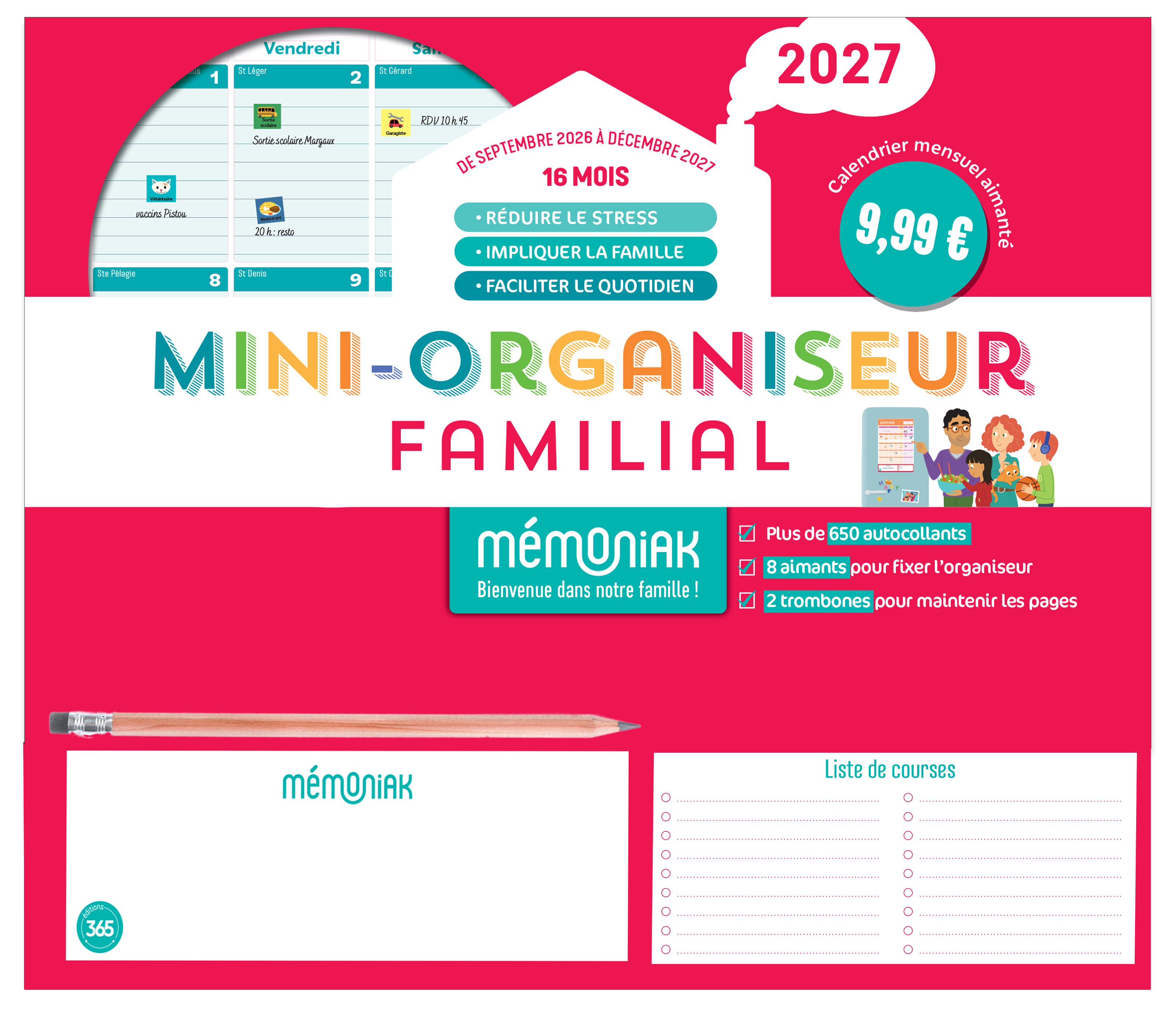 MINI-ORGANISEUR FAMILIAL MEMONIAK 2027, CALENDRIER MENSUEL, SEPTEMBRE 2026-DECEMBRE 2027