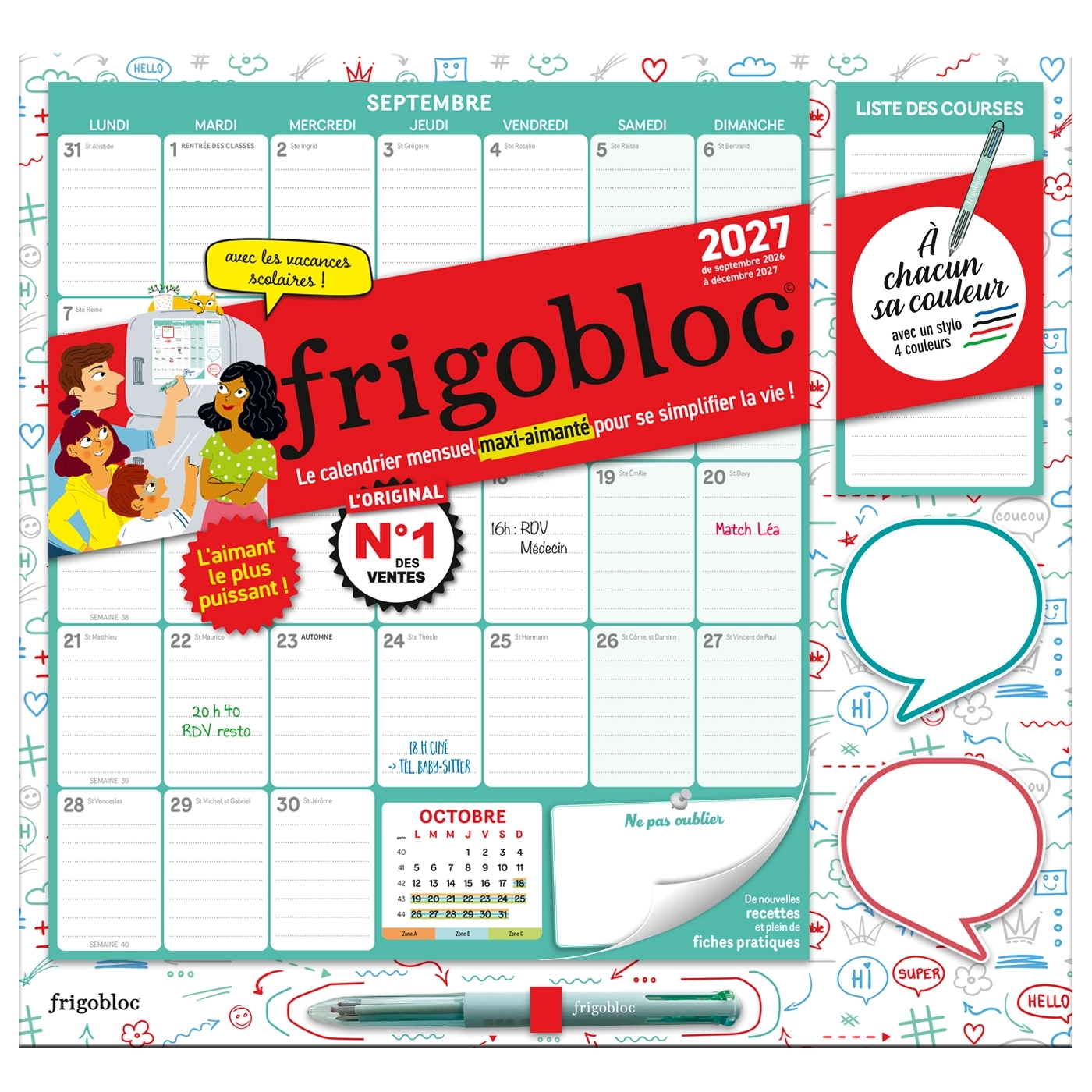 Frigobloc Mensuel 4 couleurs 2027 - Calendrier organiseur familial (de sept. 2026 à déc. 2027)