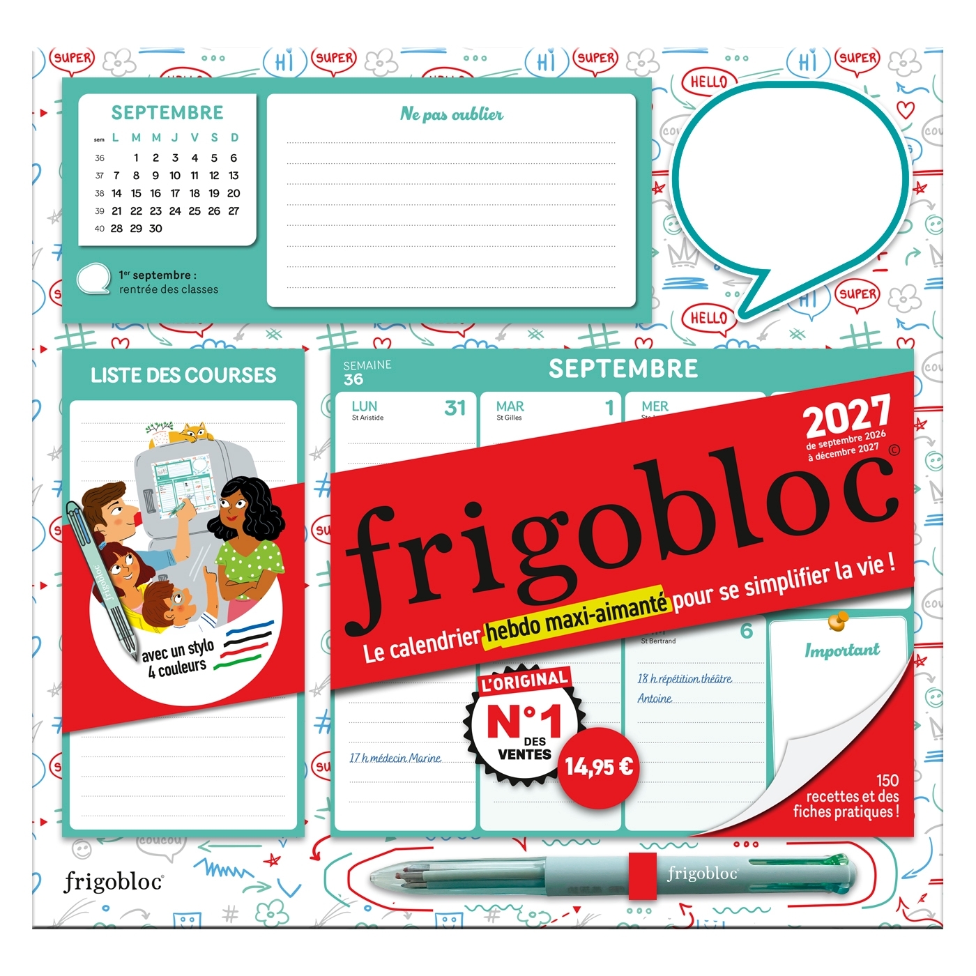 Frigobloc Hebdomadaire 4 couleurs 2027 - Calendrier organiseur familial (de sept. 2026 à déc. 2027)