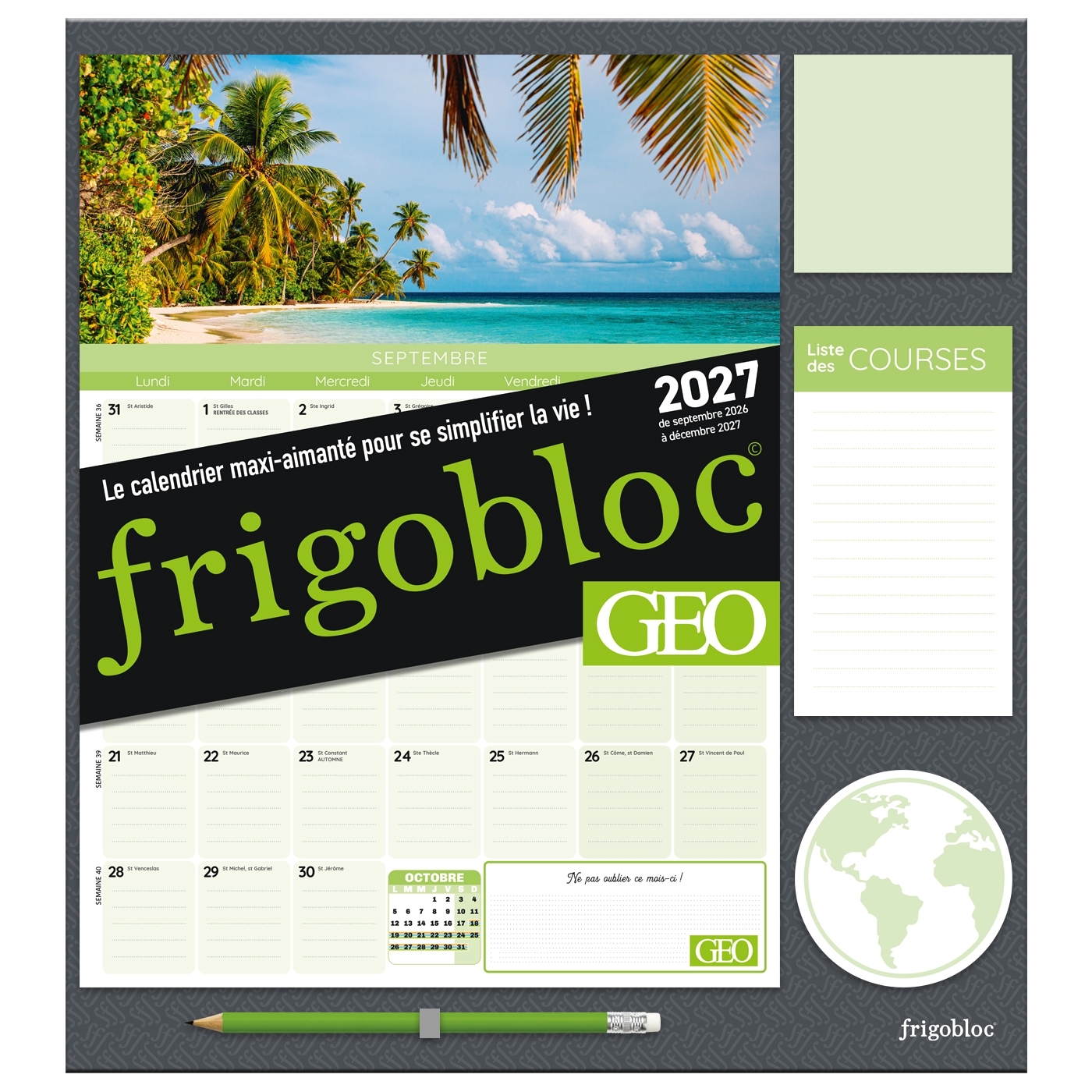 Frigobloc Mensuel GEO 2027 - Calendrier organiseur familial (de sept. 2026 à déc. 2027)