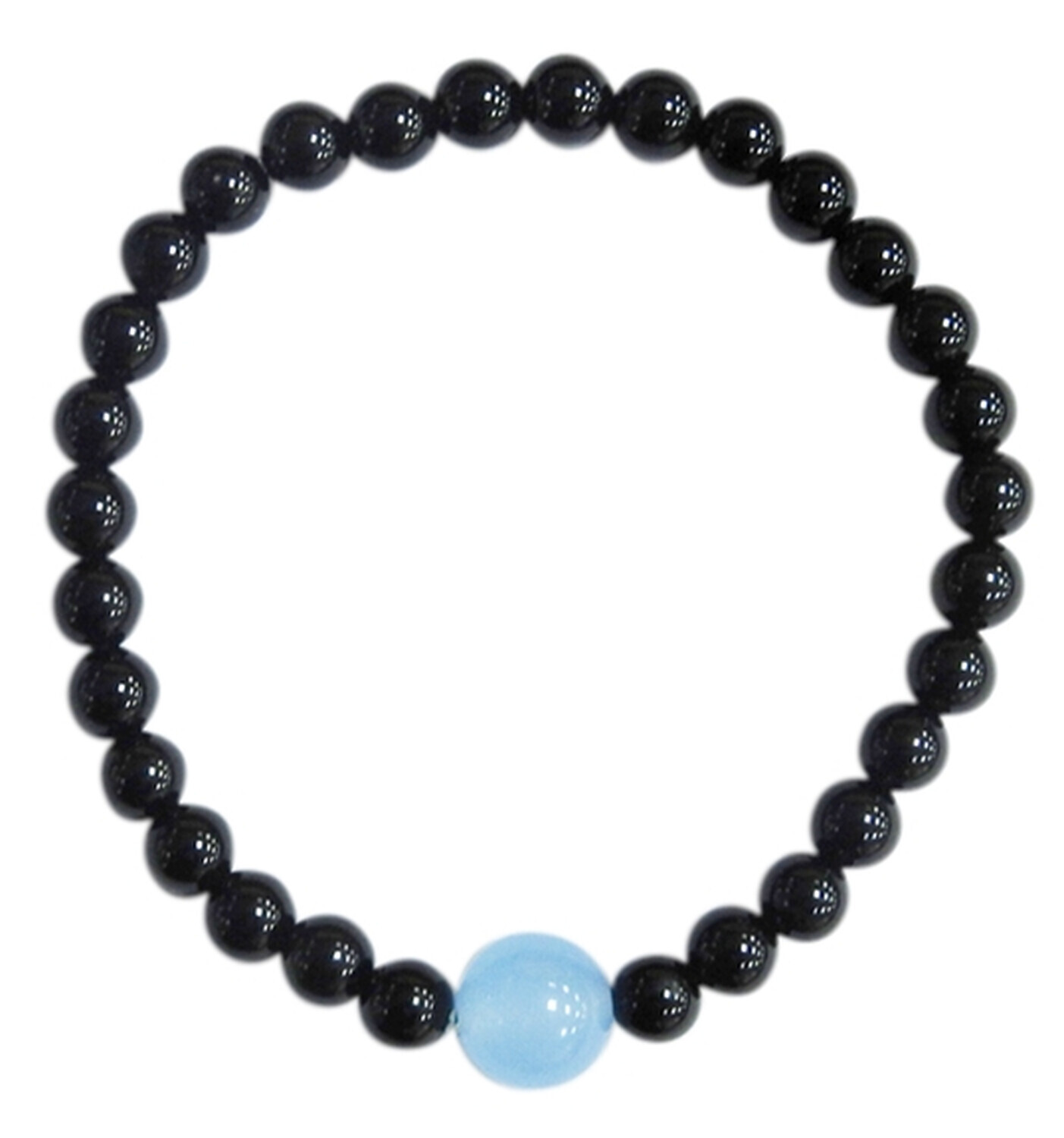 Bracelet Onyx noir Perles rondes 6 mm et Perle unique Calcédoine Bleue 1 cm