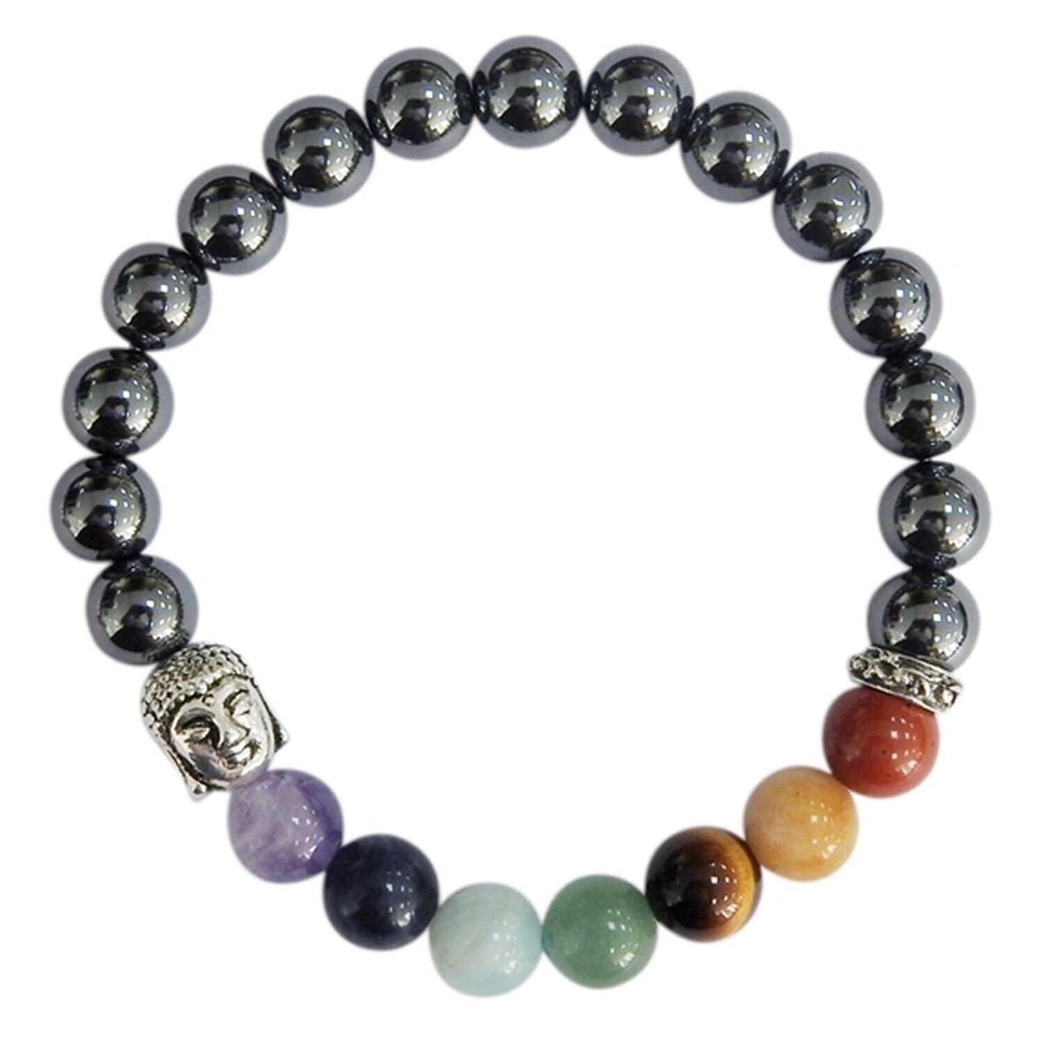 BRACELET 7 CHAKRAS HEMATITE PERLES RONDES 8 MM BOUDDHA