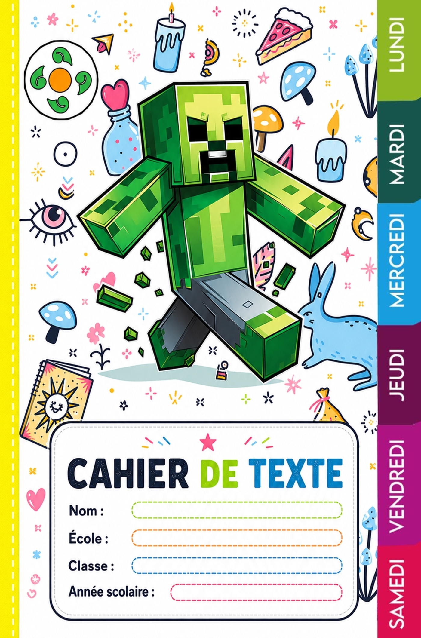 Cahier de Texte Minecraft 2026-2027 - Cahier de devoirs complet pour enfants avec emploi du temps, coloriages, suivi des notes,...