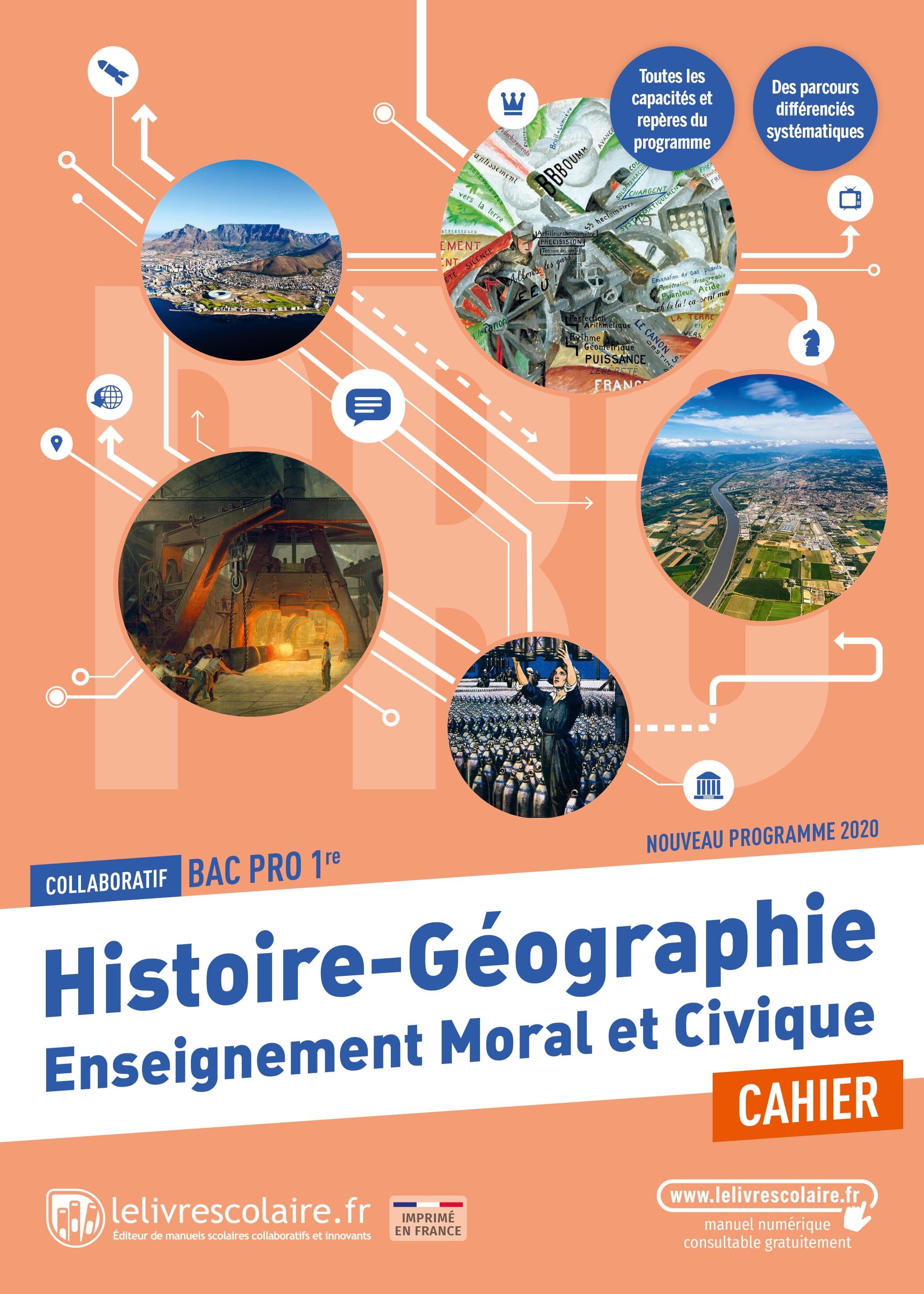 Couverture de Histoire Géographie EMC 1ère Bac pro, cahier d'activités, édition 2021