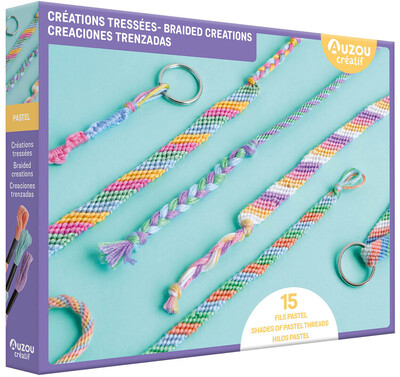 Créations tressées : 15 fils pastel. Braided creations : 15 shades of pastel threads. Creaciones trenzadas : 15 hilos pastel