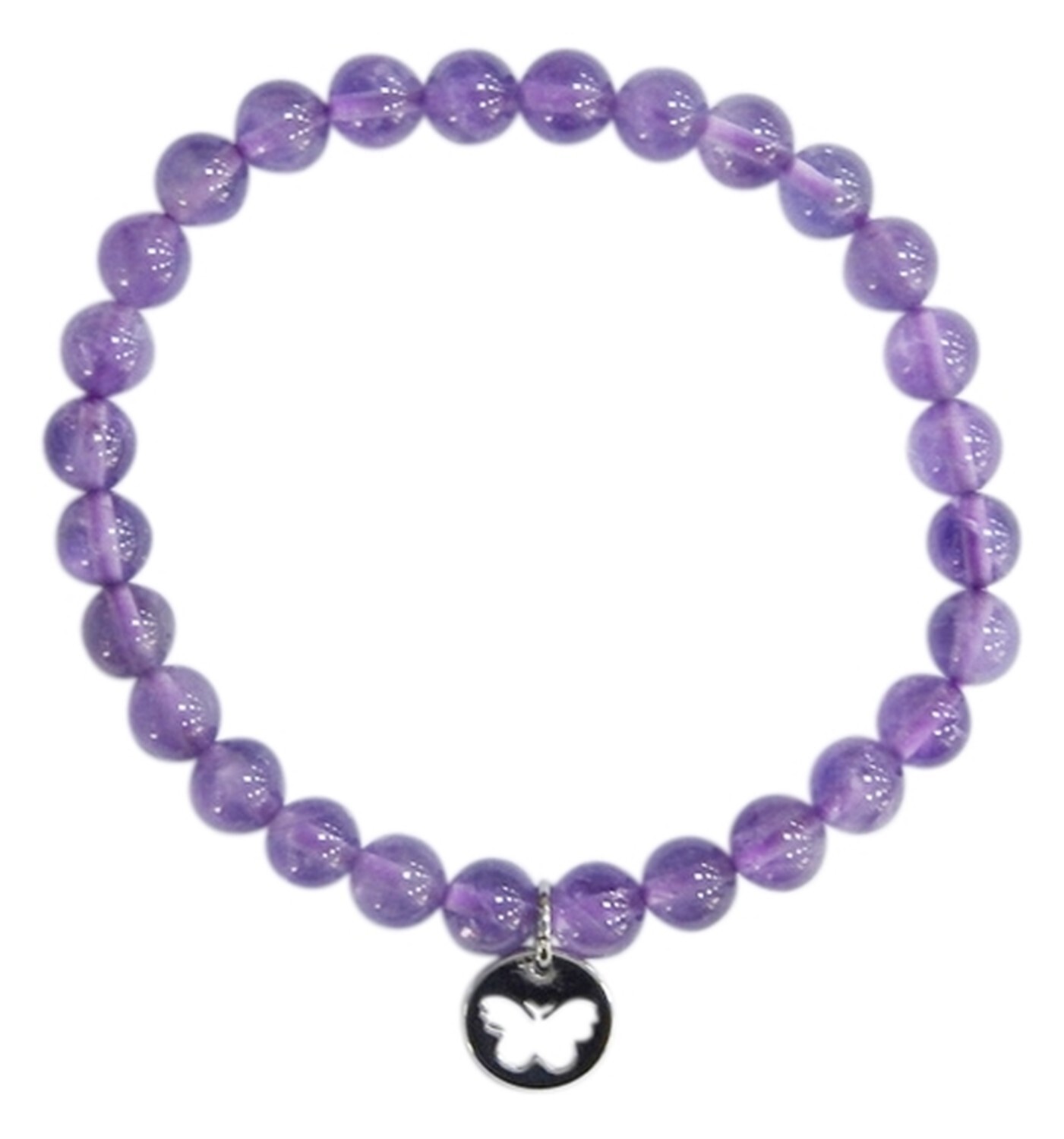 BRACELET AMETHYSTE PERLES RONDES 6 MM BRELOQUE PAPILLON - PVC TTC 9.90€