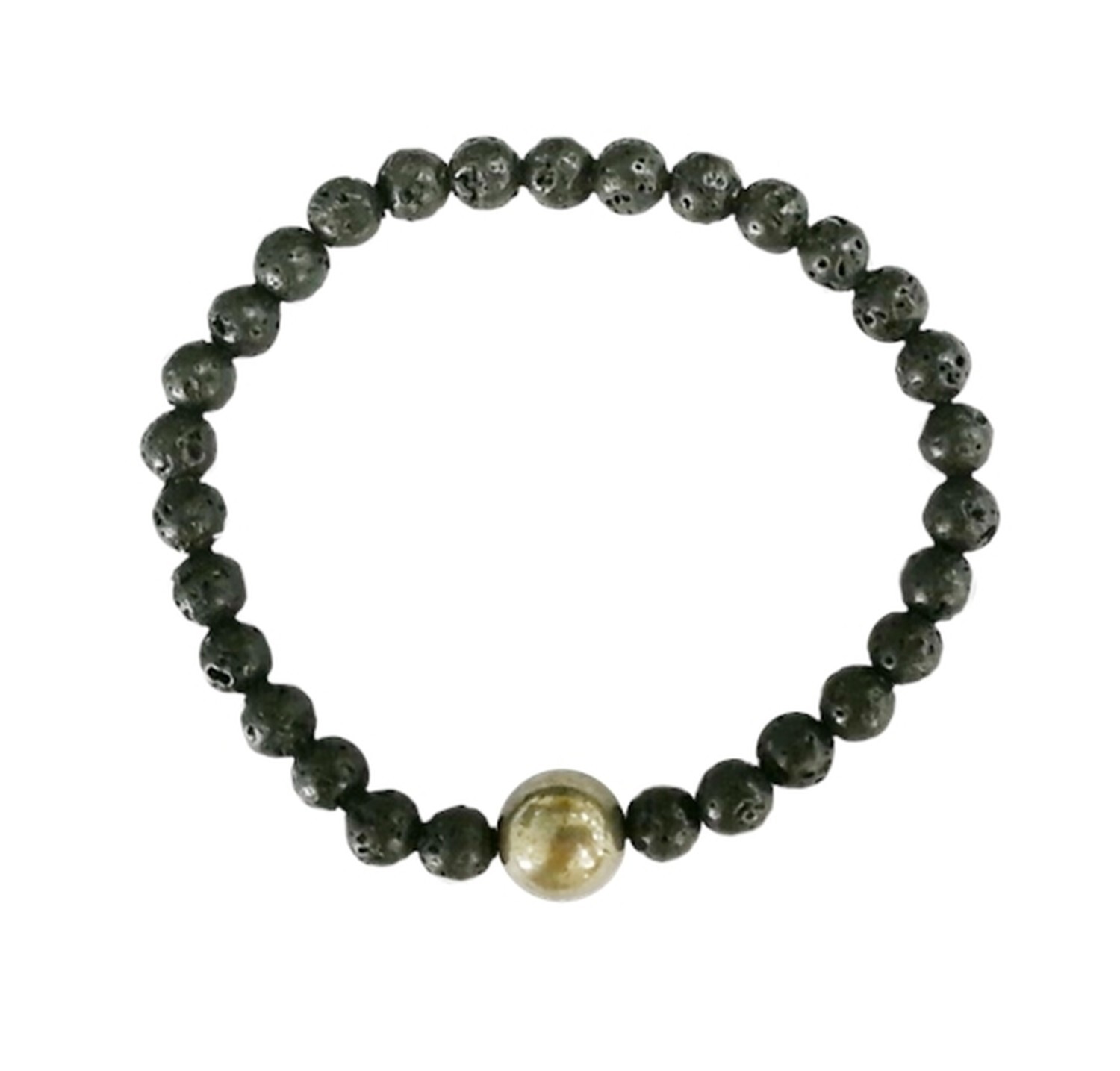 BRACELET PIERRE DE LAVE PERLES RONDES 6 MM ET PERLE UNIQUE PYRITE 1 CM - PVC TTC 9.90€