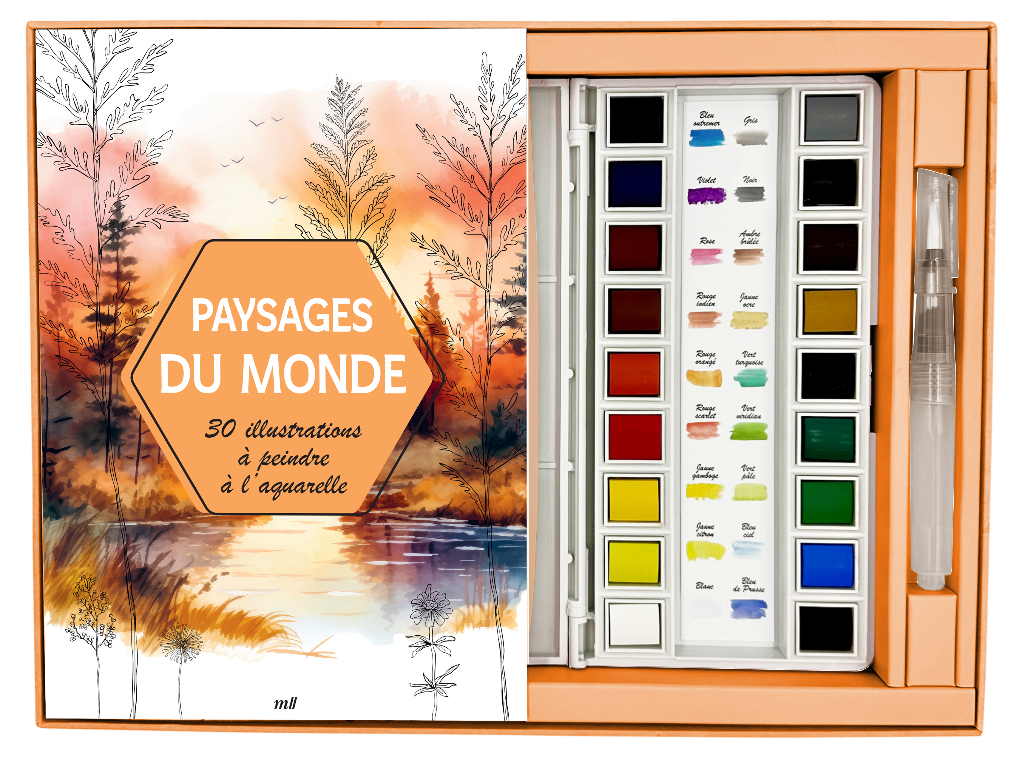 COFFRET AQUARELLE - PAYSAGES DU MONDE - 30 ILLUSTRATIONS A PEINDRE - UN CARNET AVEC DES FEUILLES DET