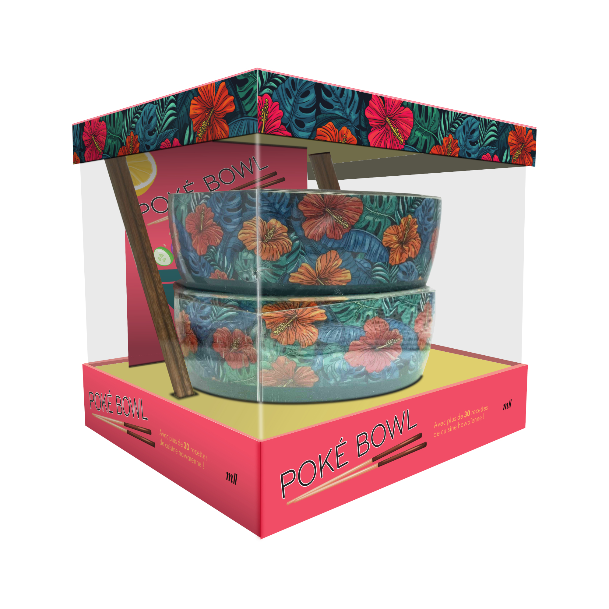COFFRET POKE BOWL - AVEC PLUS DE 30 RECETTES DE CUISINE HAWAIENNE ! - 2 BOLS EN CERAMIQUE, 2 PAIRES