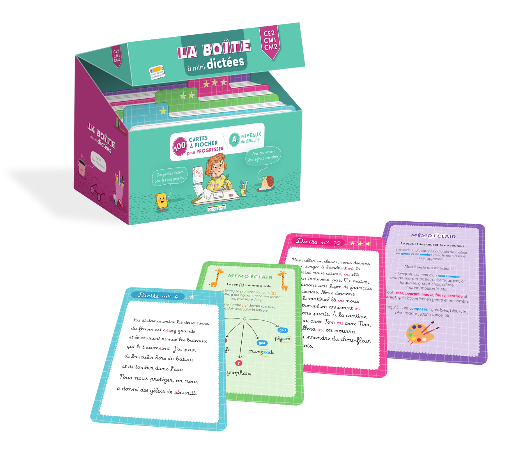BOITE A MINI-DICTEES - CE2-CM1-CM2 - 100 CARTES A PIOCHER POUR PROGRESSER !