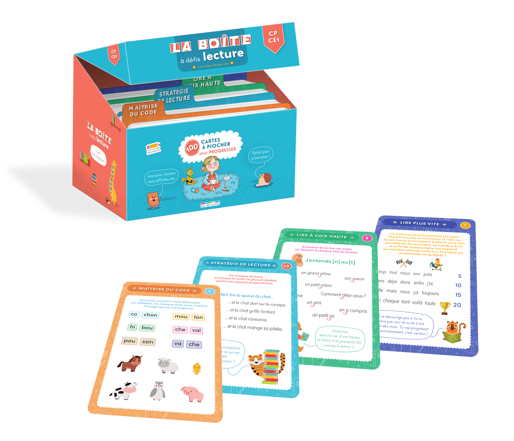 BOITE A DEFIS LECTURE : LIRE MIEUX ET PLUS VITE - CP-CE1 - 100 CARTES A PIOCHER POUR PROGRESSER !