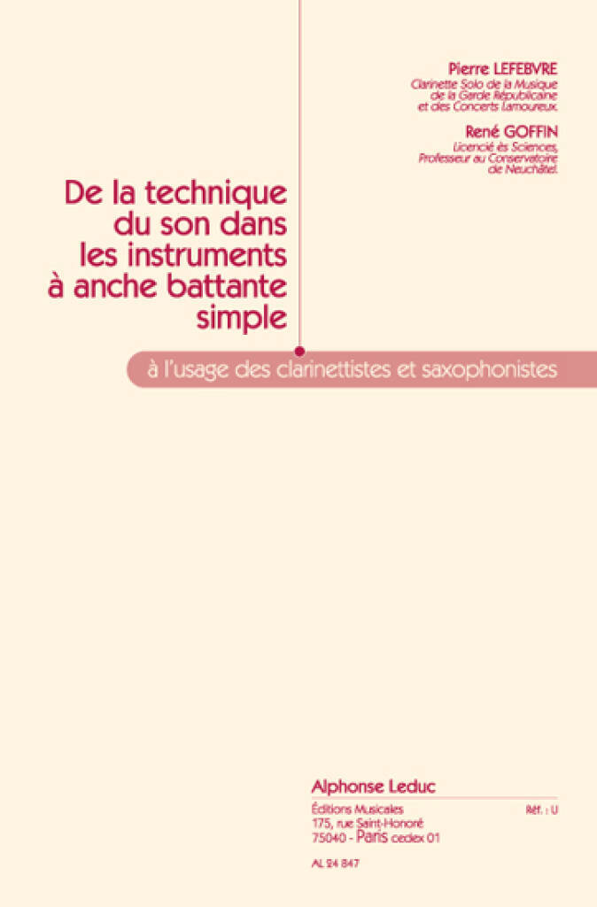 LEFEBVRE P.& GOFFIN R.: DE LA TECHNIQUE DU SON DANS LES INSTRUMENTS A ANCHE