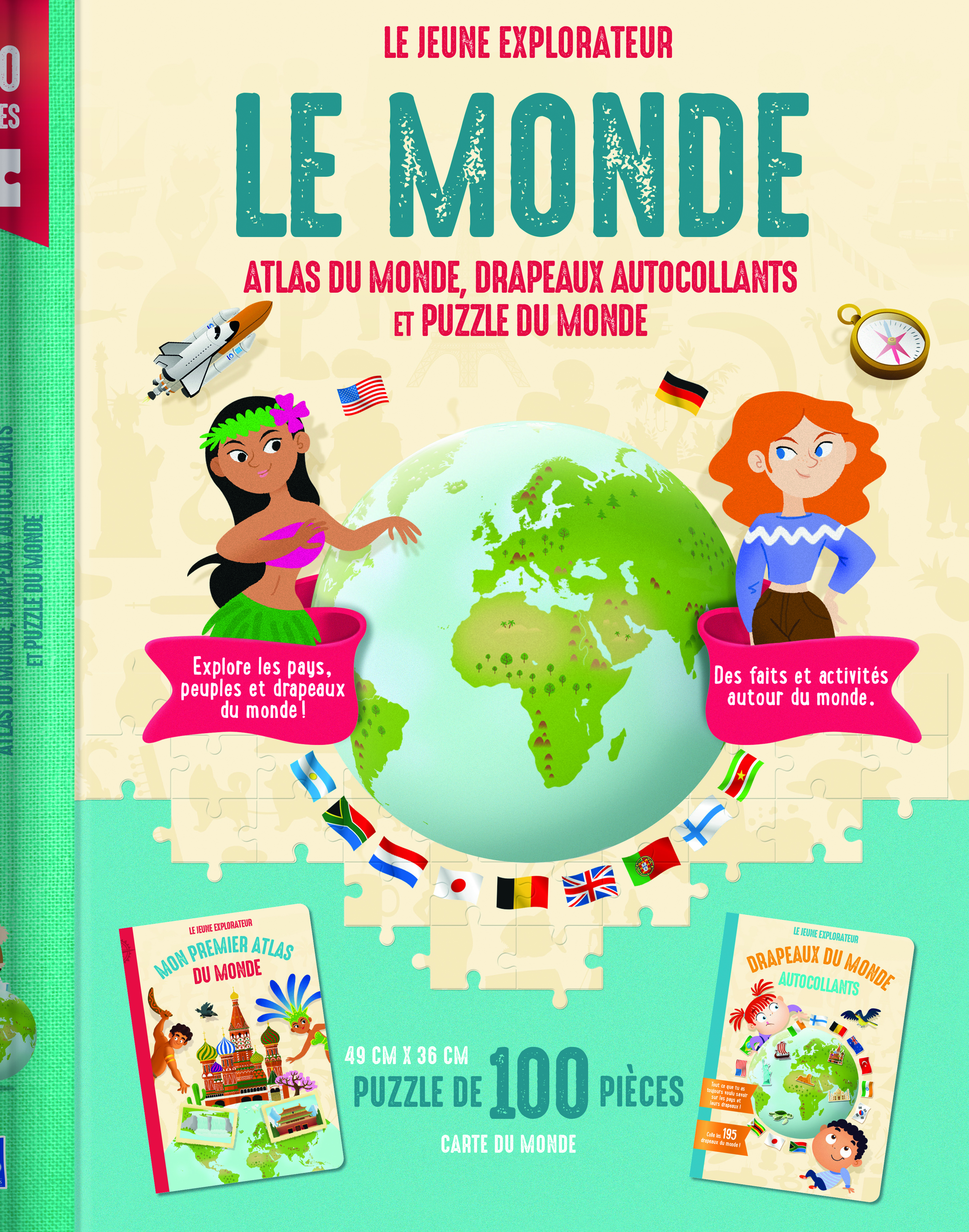 MONDE LE JEUNE EXPLORATEUR - COFFRET ATLAS DU MONDE, DRAPEAUX AUTOCOLLANTS ET PUZZLE DU MONDE
