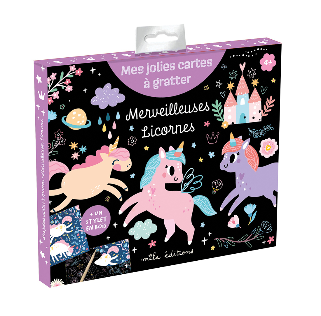 MERVEILLEUSES LICORNES - MES JOLIES CARTES A GRATTER - POCHETTE AVEC 8 CARTES ET UN STYLET EN BOIS