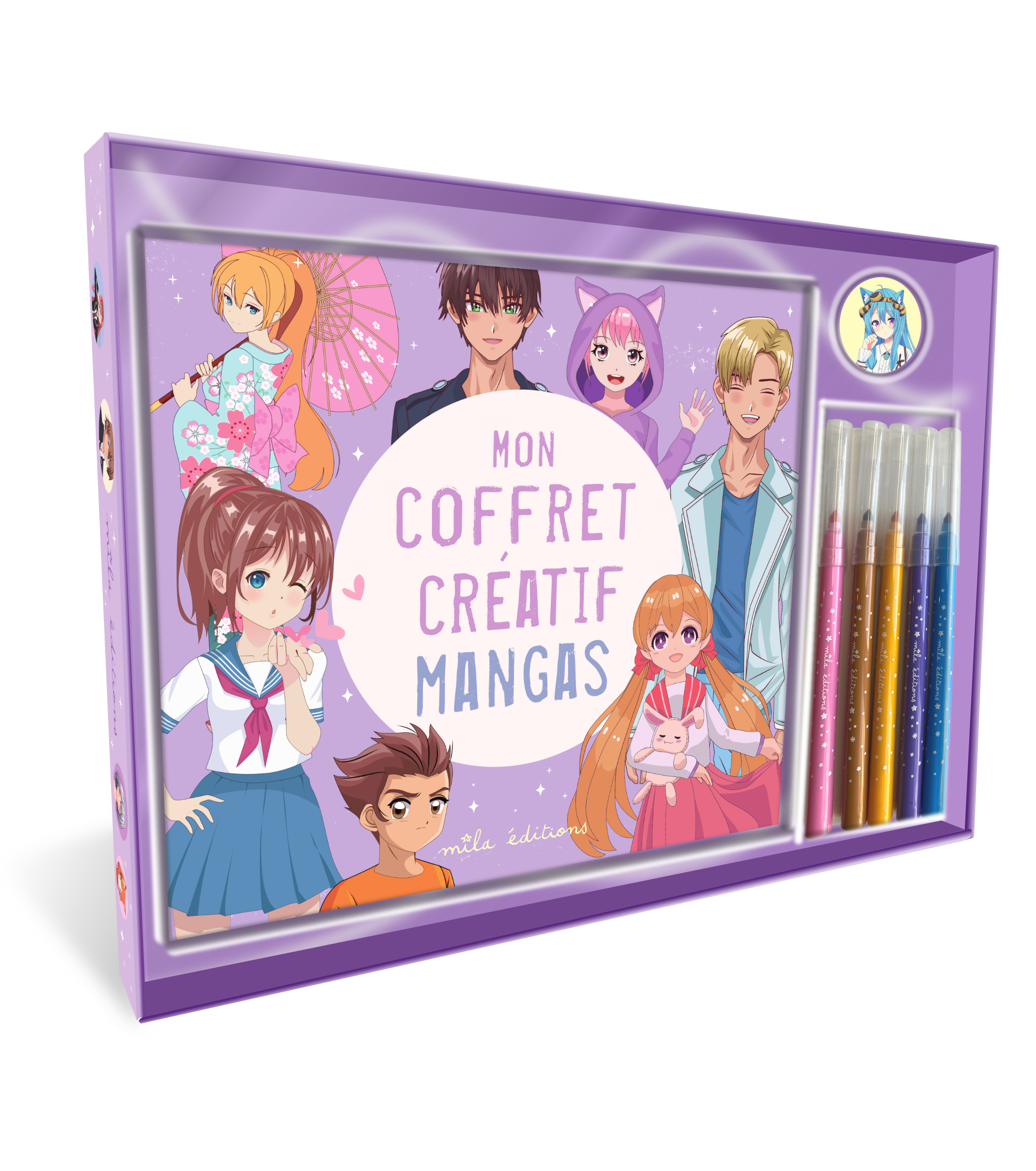 MON COFFRET CREATIF - MANGAS - UN LIVRE DE COLORIAGE, 5 FEUTRES ET DES STICKERS