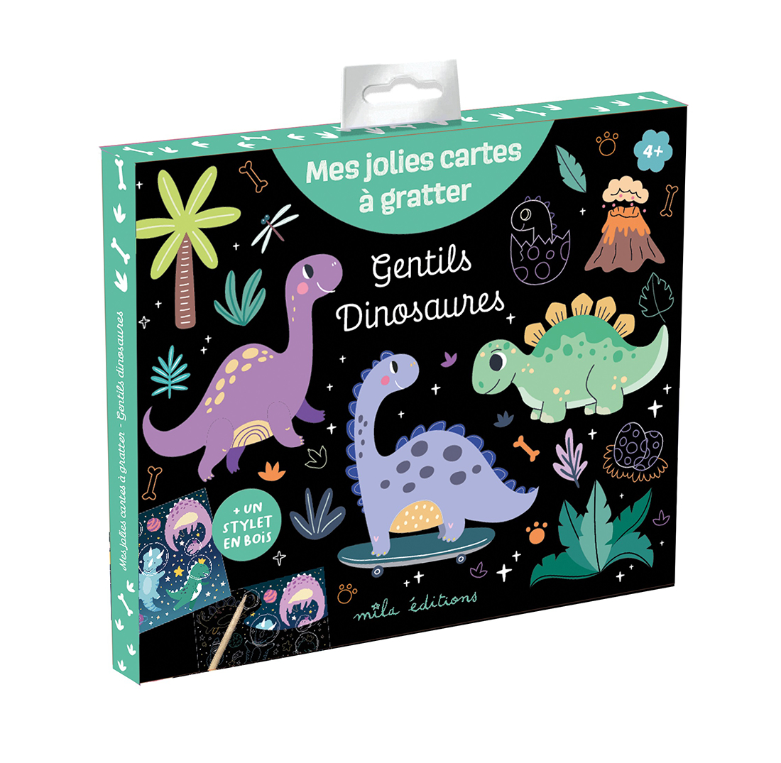 GENTILS DINOSAURES - MES JOLIES CARTES A GRATTER - POCHETTE AVEC 8 CARTES ET UN STYLET EN BOIS