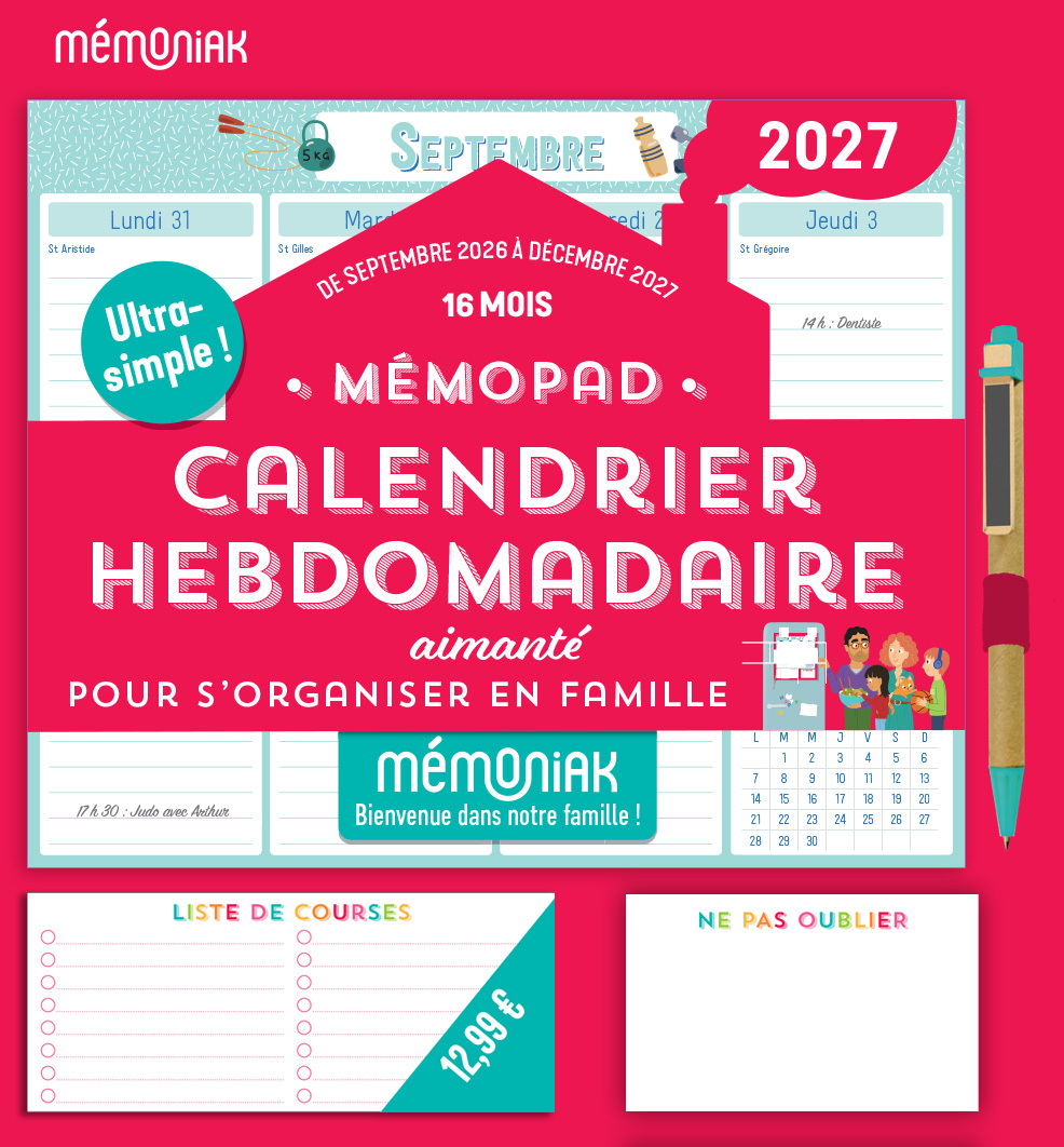 MEMOPAD CALENDRIER HEBDOMADAIRE AIMANTE 2027 - 16 MOIS, SEPTEMBRE 2026 A DECEMBRE 2027
