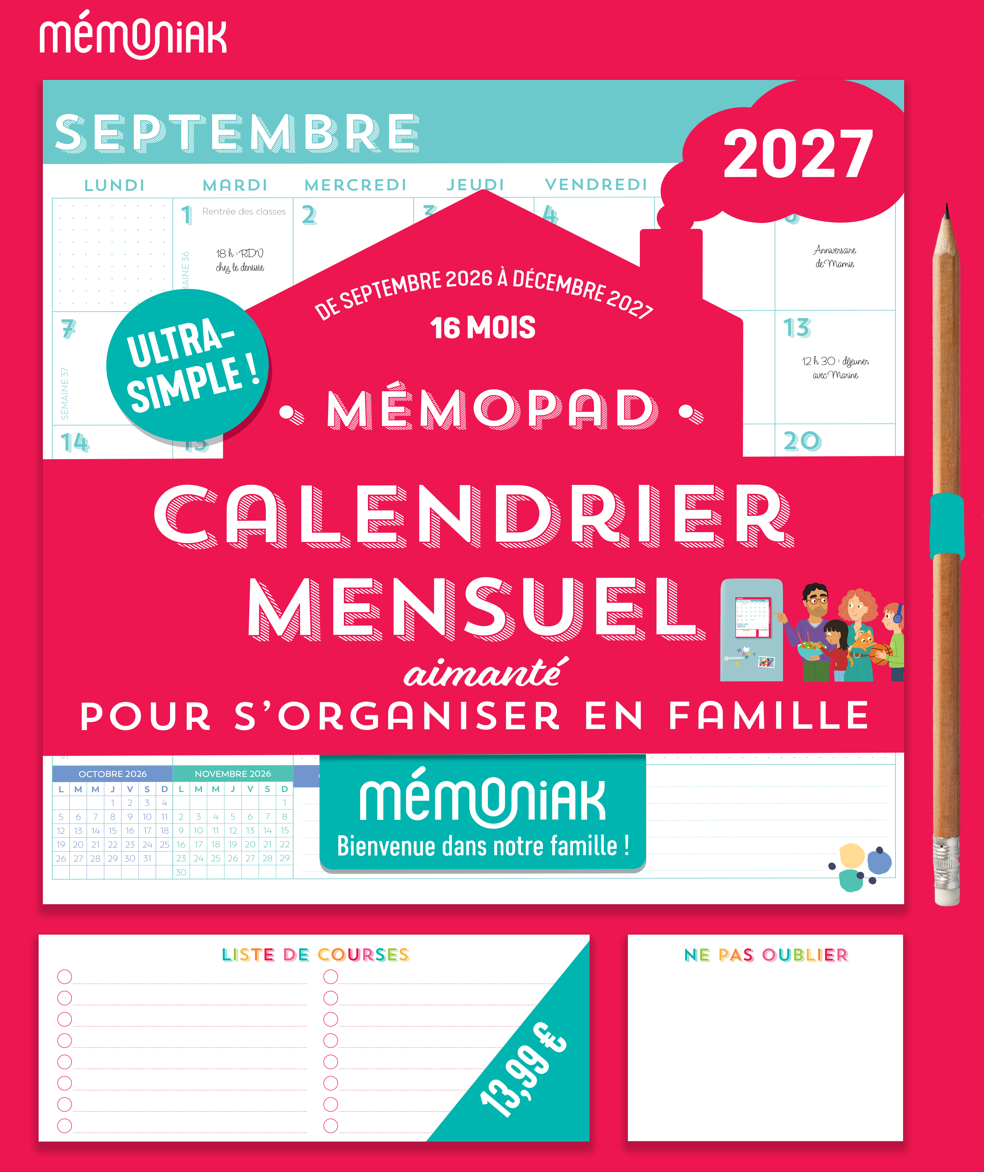 MEMOPAD CALENDRIER MENSUEL AIMANTE 2027 - 16 MOIS, SEPTEMBRE 2026 A DECEMBRE 2027