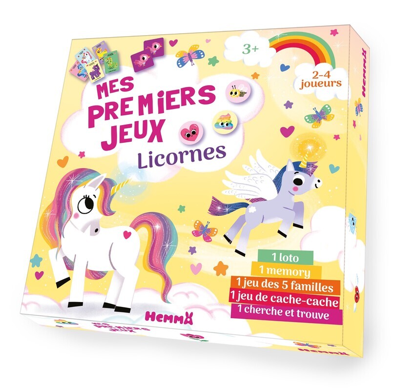 MES PREMIERS JEUX - LICORNES - 1 LOTO, 1 MEMORY, 1 JEU DES 5 FAMILLES, 1 JEU DE CACHE-CACHE, 1 CHERC